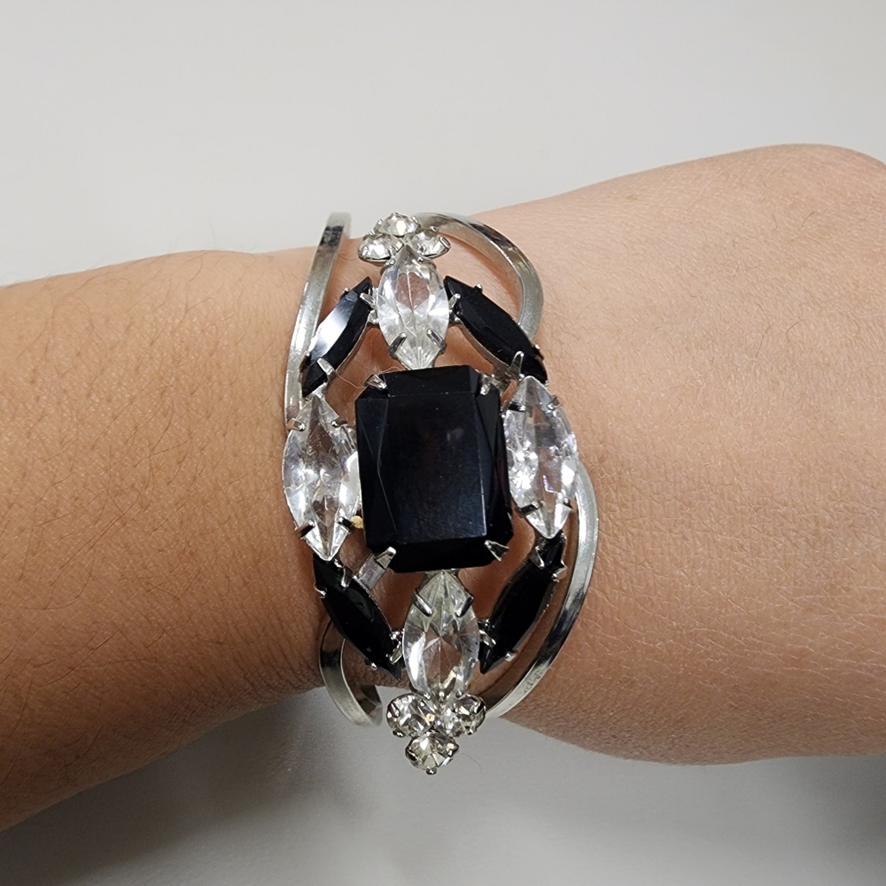 Vintage Black & Clear Rhinestone Statement Hinged Clamper Cuff Bracelet Classic